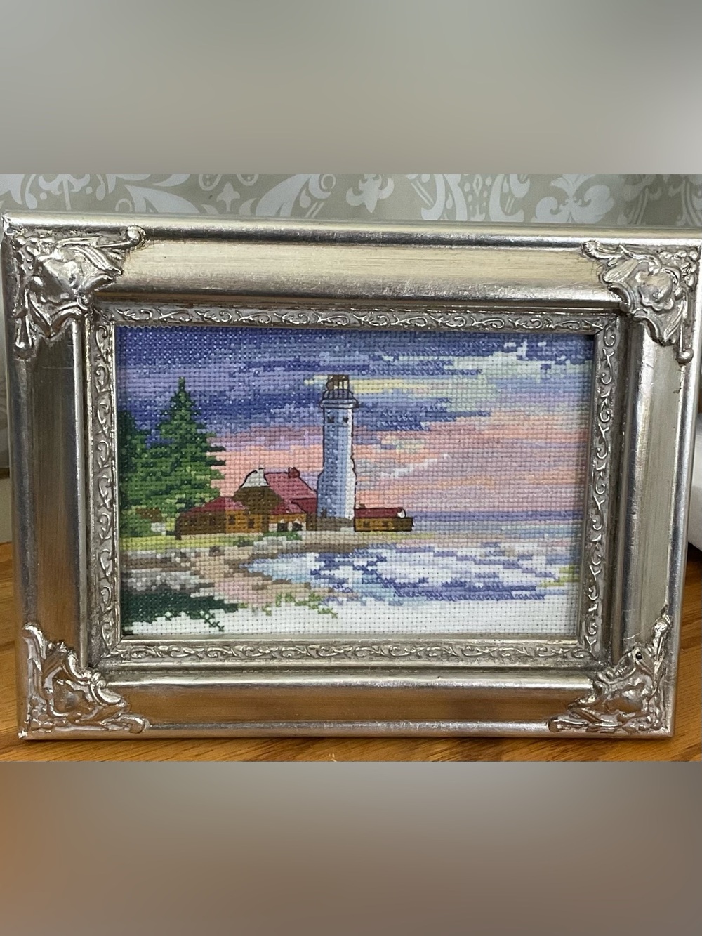 Framed Lighthouse Needlepoint Wall Art in Blue and Pink Silver Frame Ocean